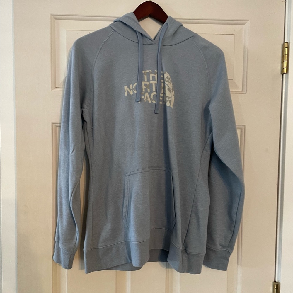 The North Face Women's‎ Graphic Front Blue Hooded Sweatshirt L
